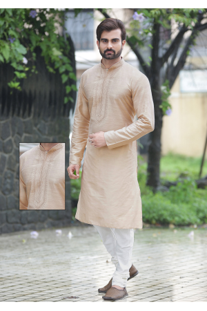 Light Gold with White Color Silk Kurta Set